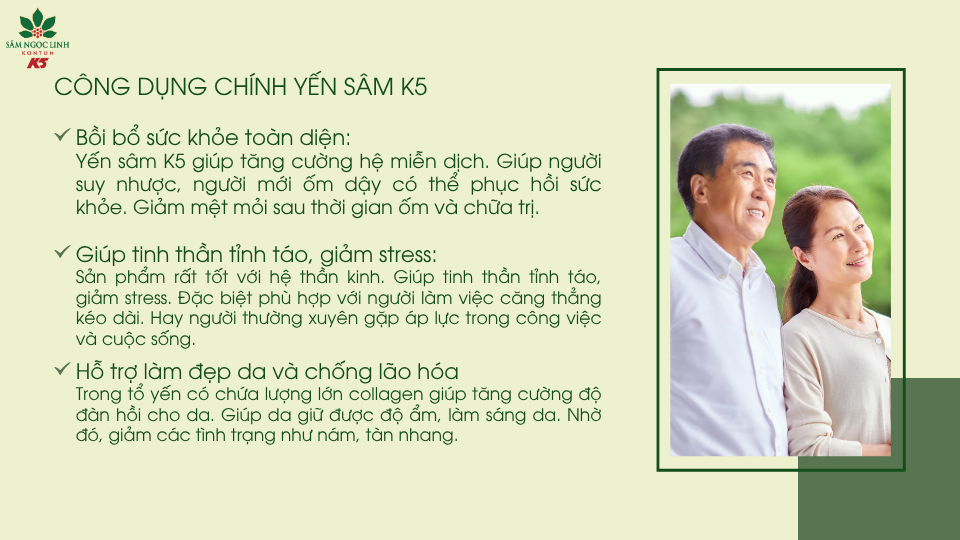 Một số công dụng chính của Yến Sâm K5 cho sức khỏe người dùng.