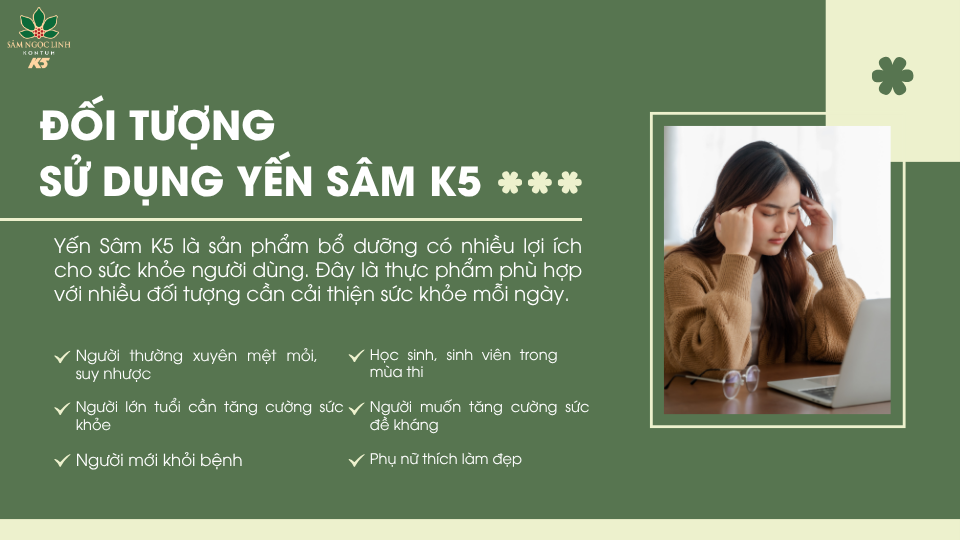 Những đối tượng nên sử dụng Yến Sâm K5 để tăng cường sức khỏe mỗi ngày.