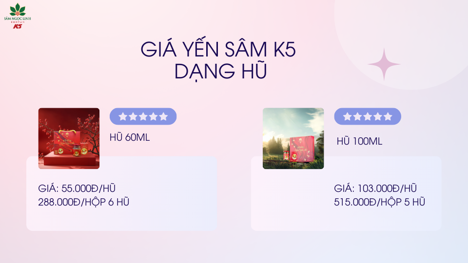 Giá bán yến sâm K5 tham khảo.