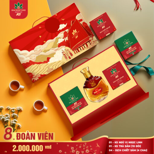 Hộp quà Đoàn Viên nằm trong bộ sưu tập hộp quà Tết “Xuân Như Ý, Tết Đoàn Viên” của Sâm Ngọc Linh K5.